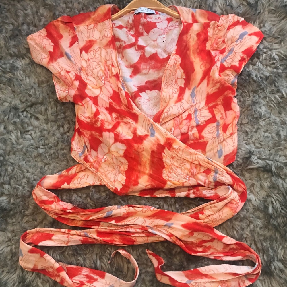 FLYNN SKYE, floral wrap blouse.